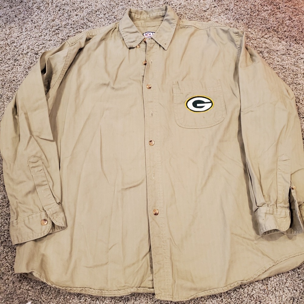 Vtg Logo 7 nfl Green Bay Packers Shirt Men Button Down Khaki Beige Game Day XL